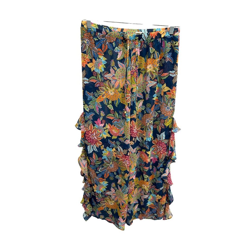 Bleu Rod Beattie Floral Pull On Sheer Pants Multi Sz Medium Ruffle Beach Boho